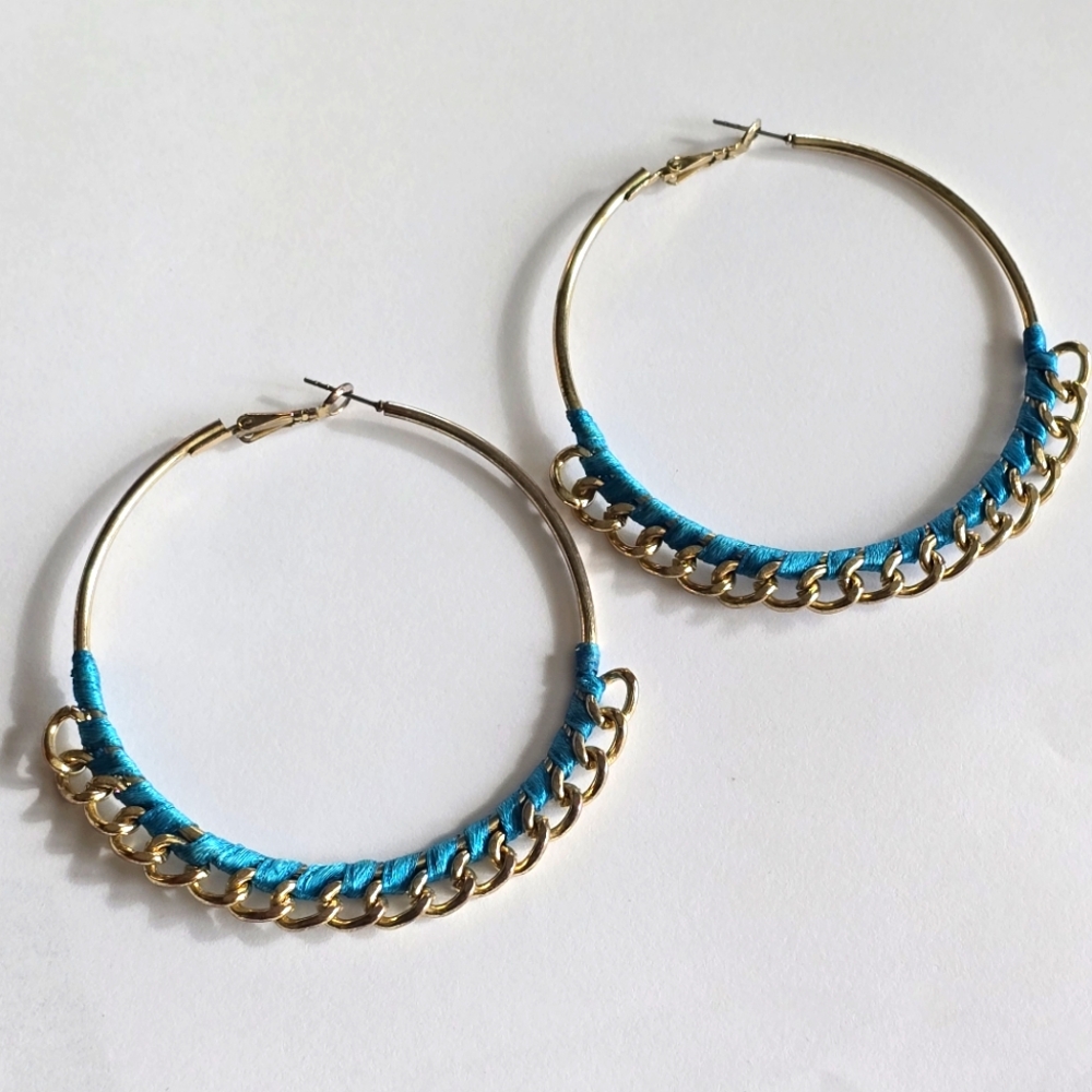 Hoop earrings chain accent thread wrapped blue gold tone